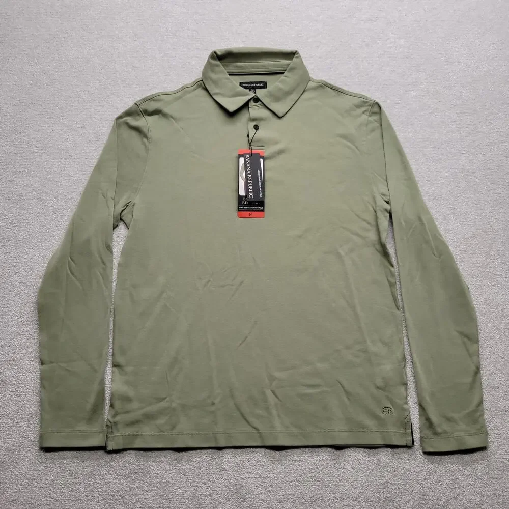 NWT Banana Republic Luxe Touch Polo Shirt Mens Medium Green Long Sleeve